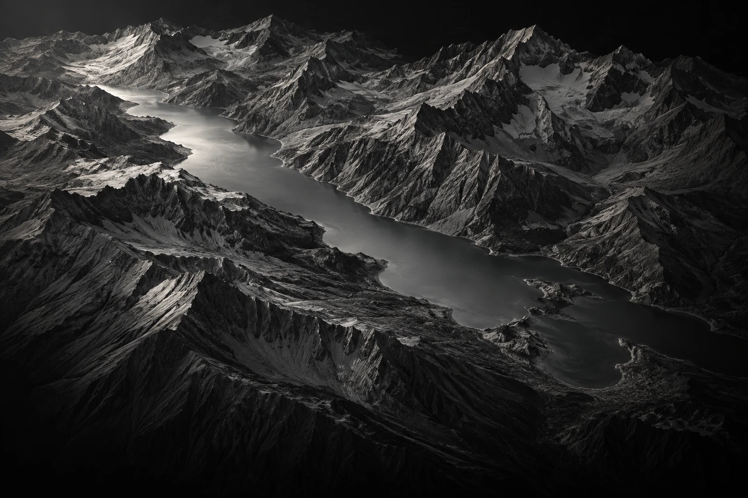 Graphite mountain terrain with a winding lake, an illustrative landscape
